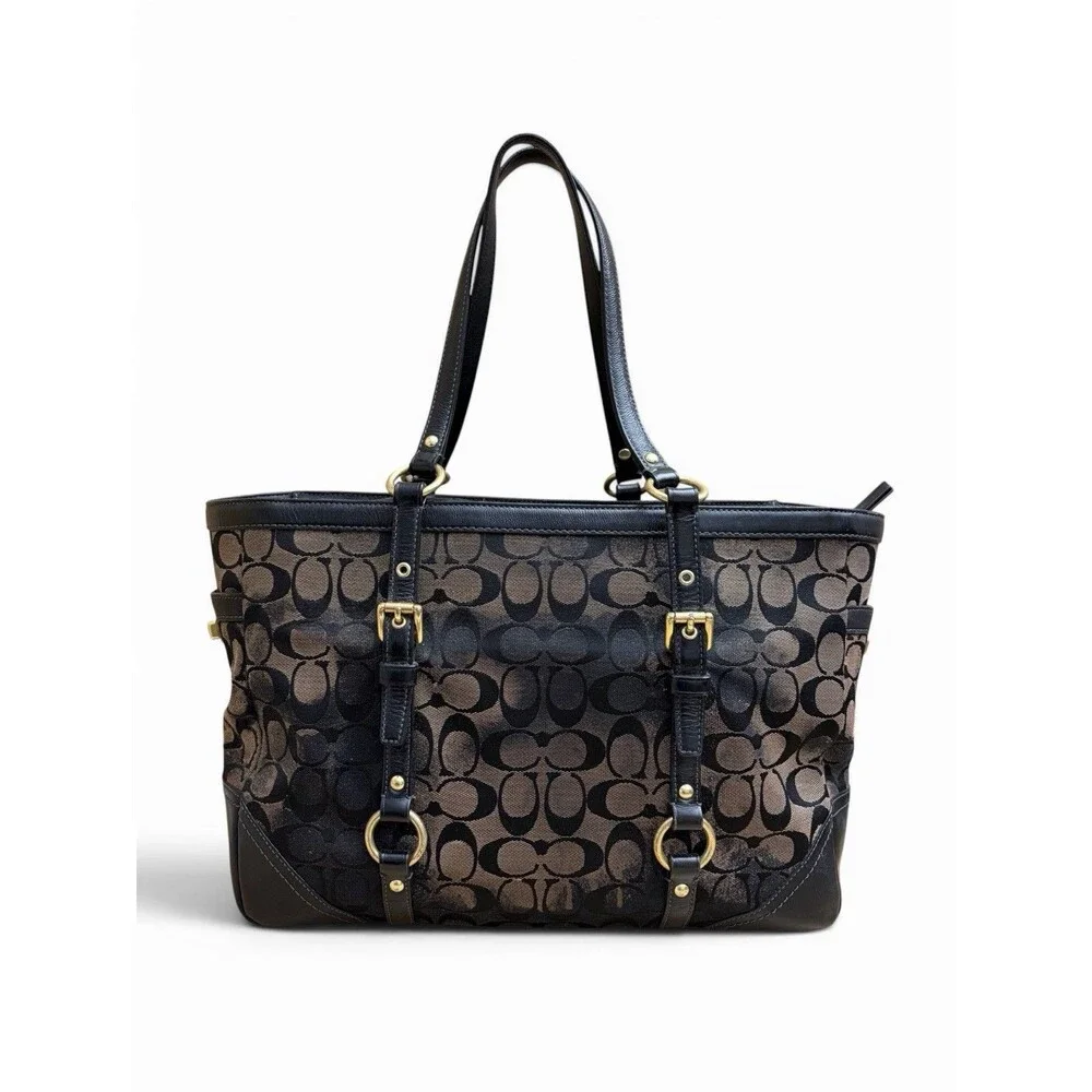VTG Coach Signature Gallery Tote Shoulder Bag Brown Black Jacquard Leather Trim